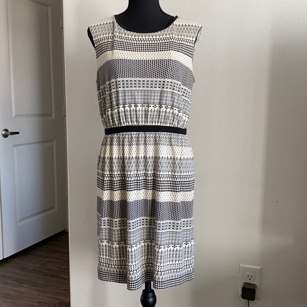 LOFT Black and Cream Geometric Midi Dress